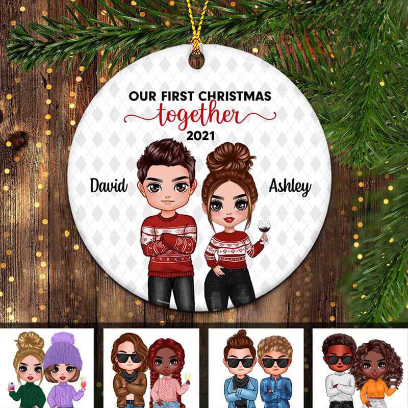 Doll Couple First Christmas Personalized Circle Ornament