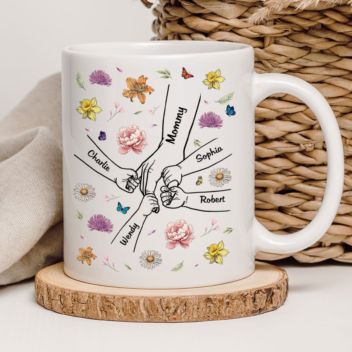 Kids Holding Mom Grandma Hand Birth Month Flowers Background Personalized Mug