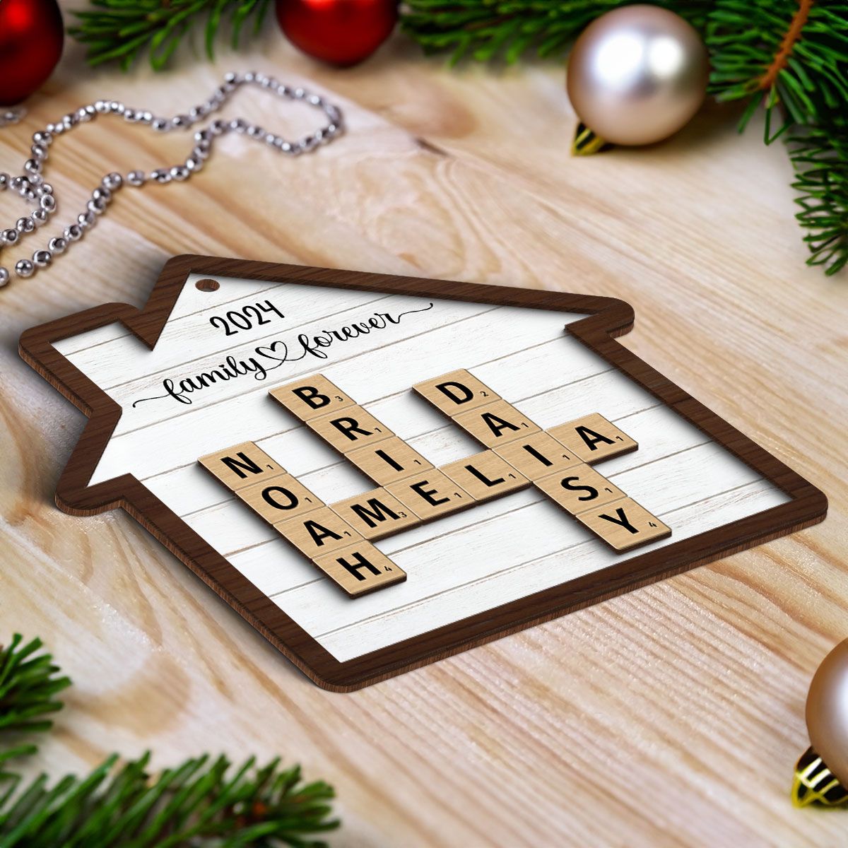 Family Crossword Puzzle Art Personalized House Shaped 2-Layer Wooden Ornament