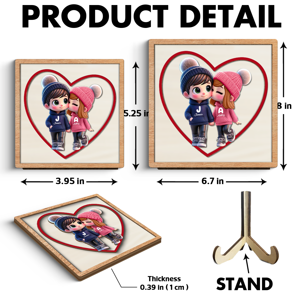 Personalized Initials Heart Sign Personalized 2-Layered Wooden Plaque, Cute Cartoon Couple Walking, Tiered Tray Valentines Signs or Shelf Signs