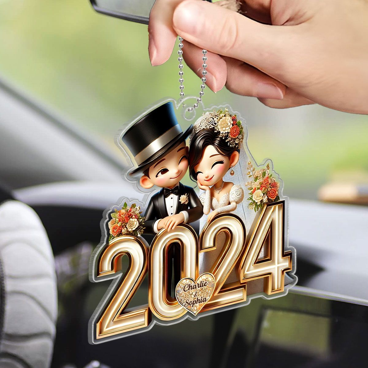 Happy Newlywed Cartoon Couple Personalized Car Hanger Ornament, Gift For Him, For Her, For Newlywed Couple