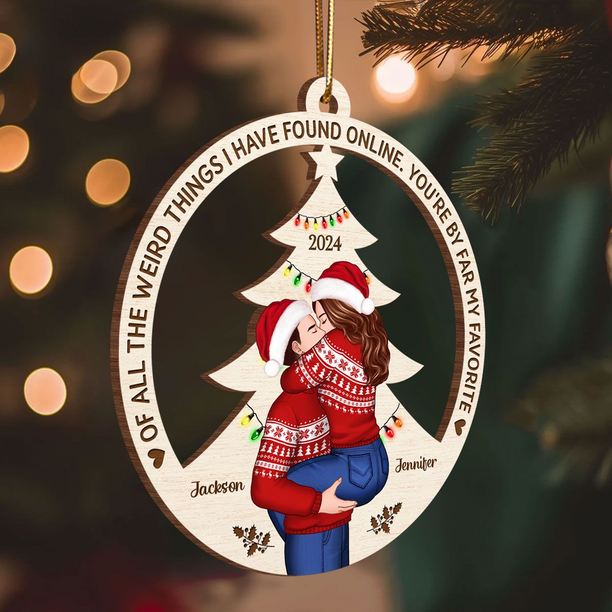 Couple Kissing Christmas Tree Personalized Wooden Ornament, Christmas Gift for Him for Her