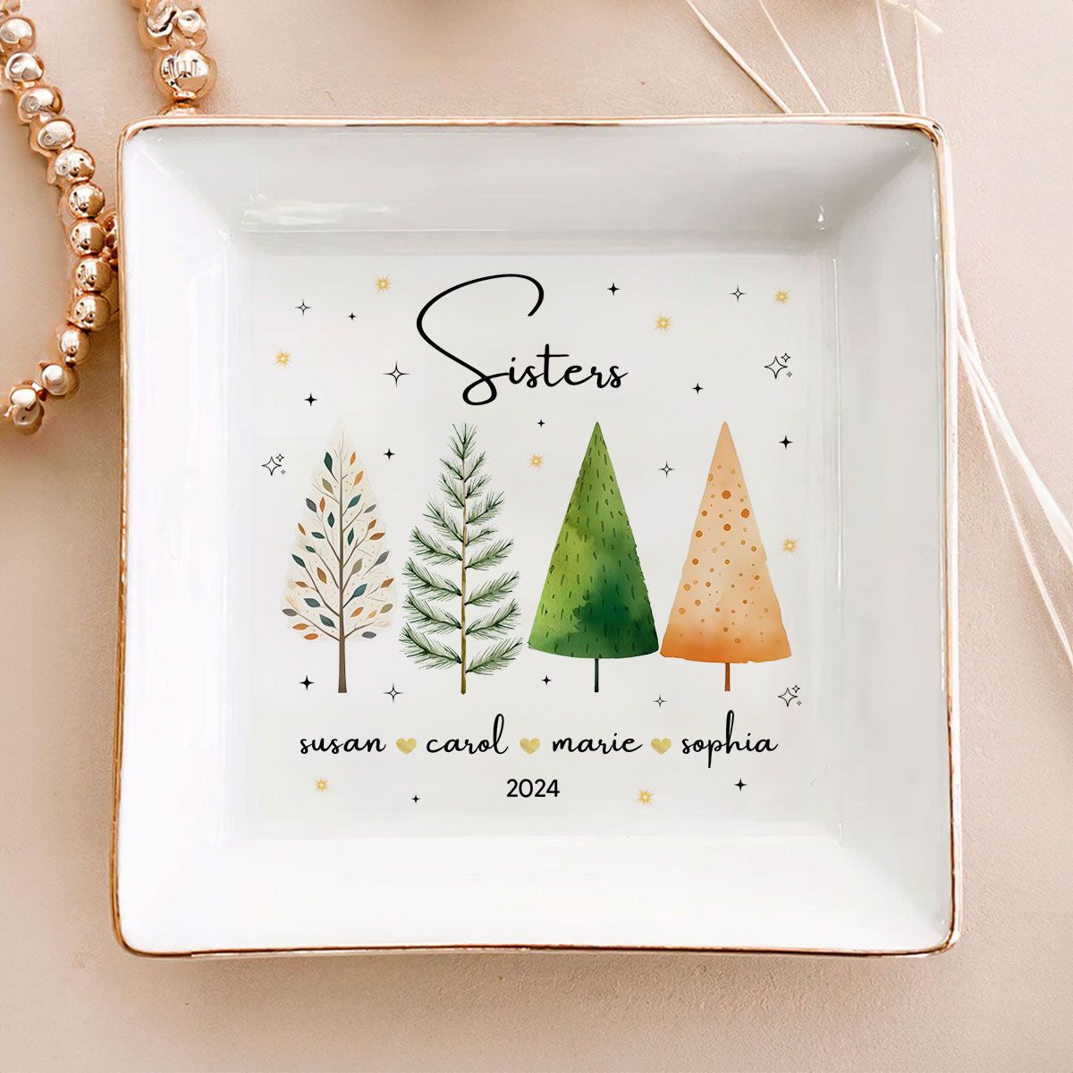 Christmas Trees Besties Sisters Personalized Jewelry Dish, Bridesmaid Gift, Best Friend Flower Ring Dish, Gift for Bestie, Christmas Gifts