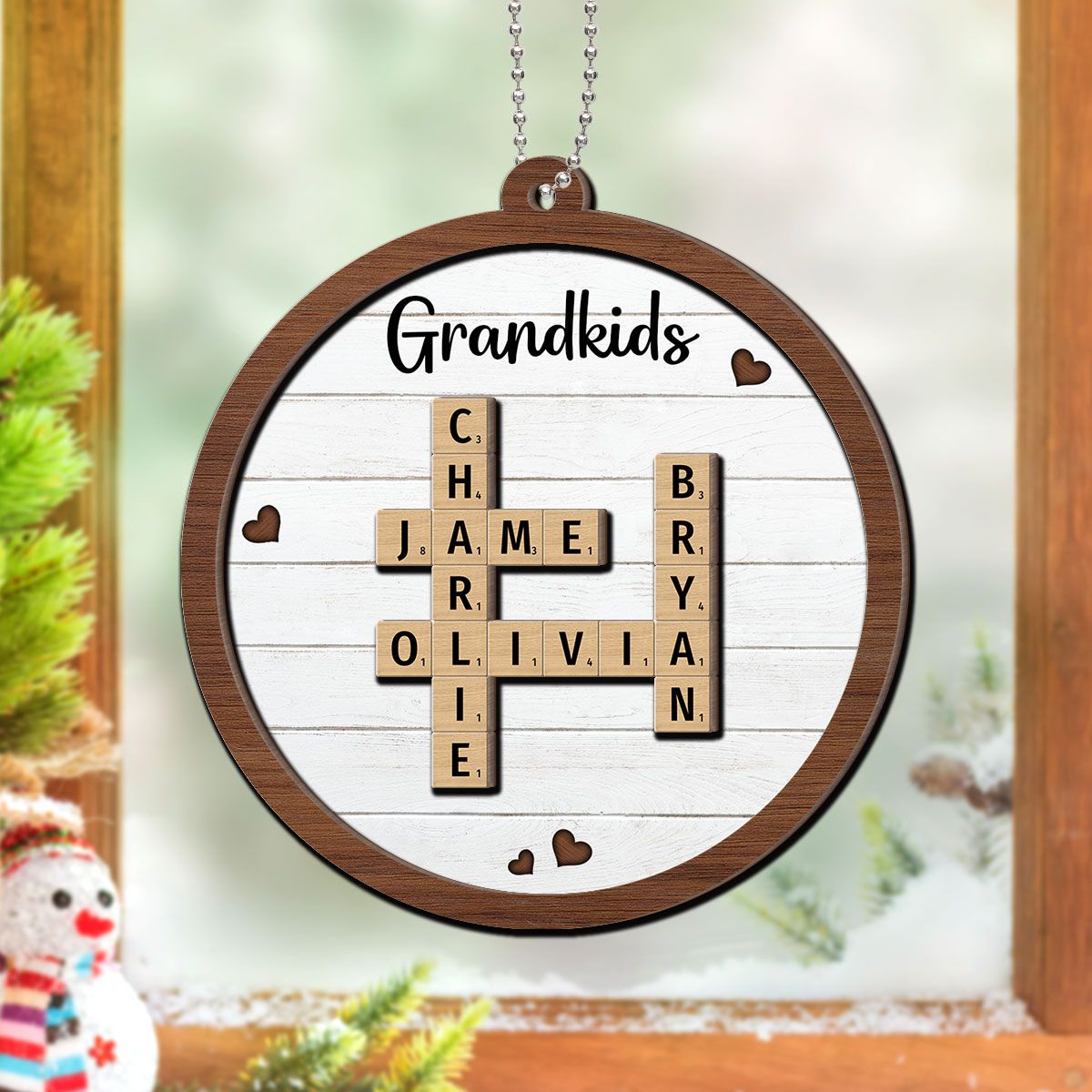 Grandkids Crossword Puzzle Art Personalized 2-Layer Wooden Ornament, Christmas Gift For Grandma, Gift For Mom