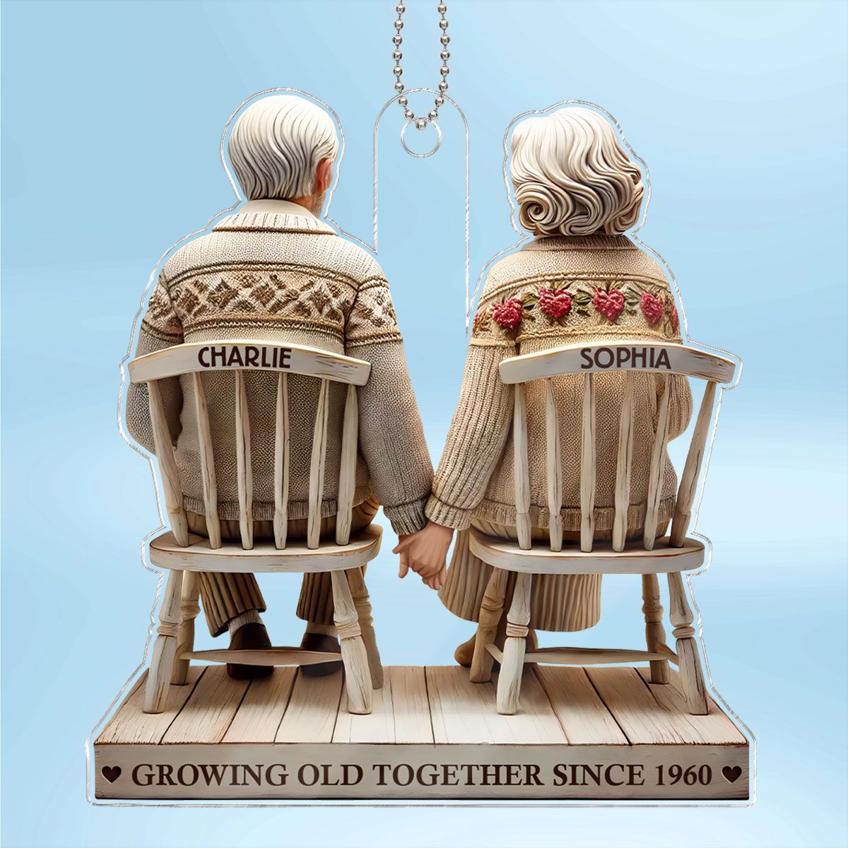 Couple Sitting Holding Hands Growing Old Together Personalized Acrylic Car Hanger Ornament, Heartfelt Valentine's Day Gift For Couple, For Him, For Her, Husband, Wife