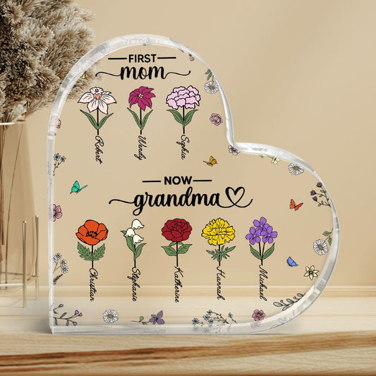 First Mom Now Grandma Birth Month Flower Personalized Acrylic Heart Plaque