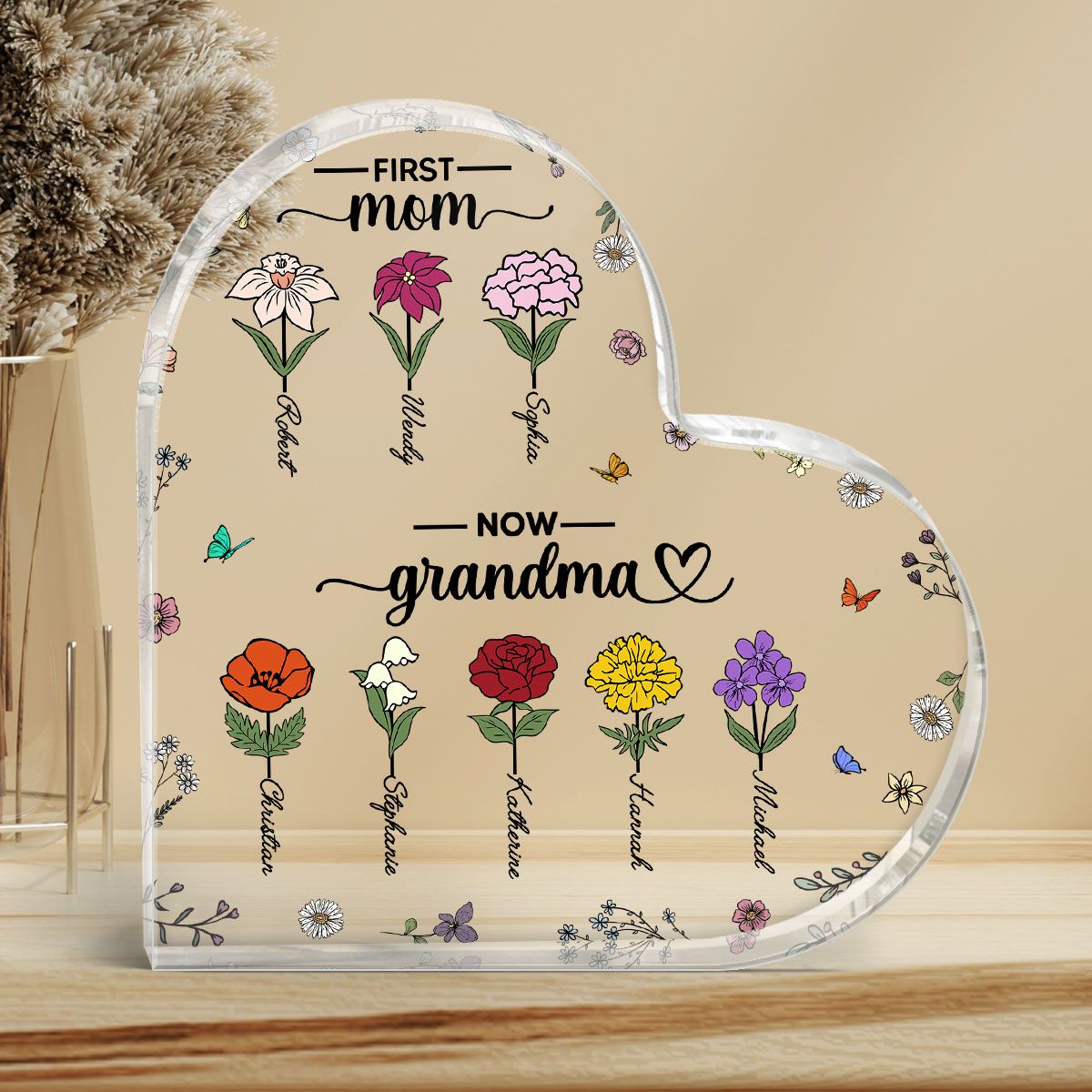 First Mom Now Grandma Birth Month Flower Personalized Acrylic Heart Pl ...