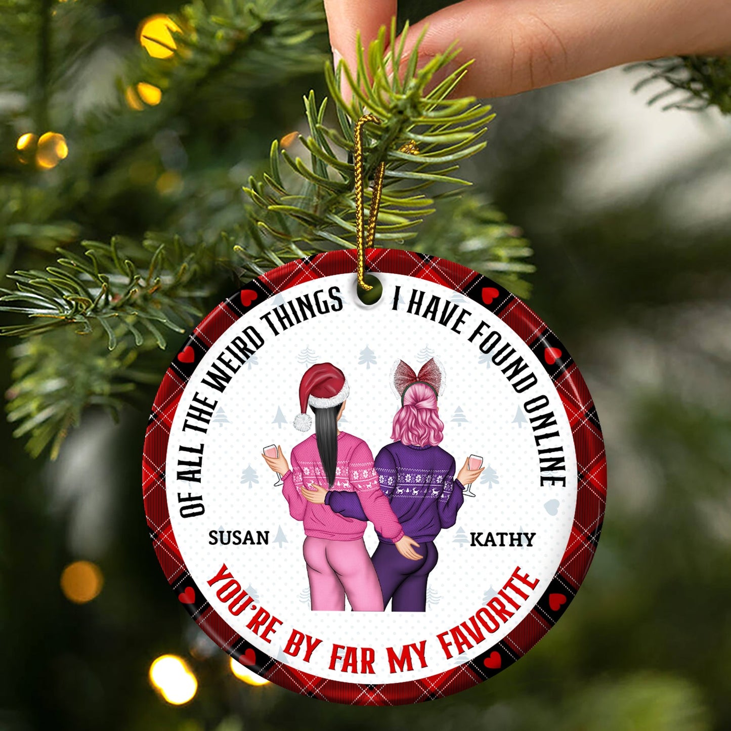 Christmas Couple Back Side - You Are My Favorite By Far - Personalized Circle Ceramic Ornament