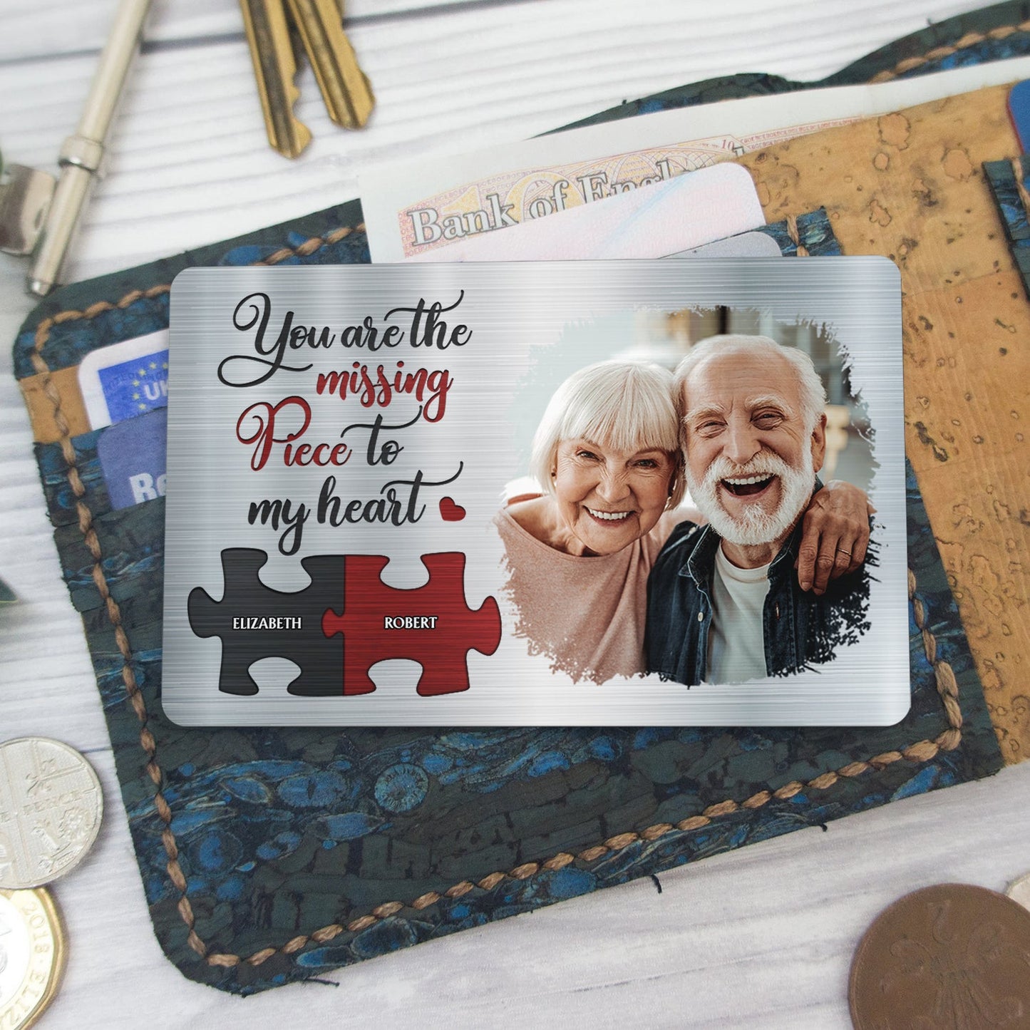 Missing Piece To My Heart - Anniversary Gift For Spouse, Lover, Couple - Personalized Custom Photo Aluminum Wallet Card