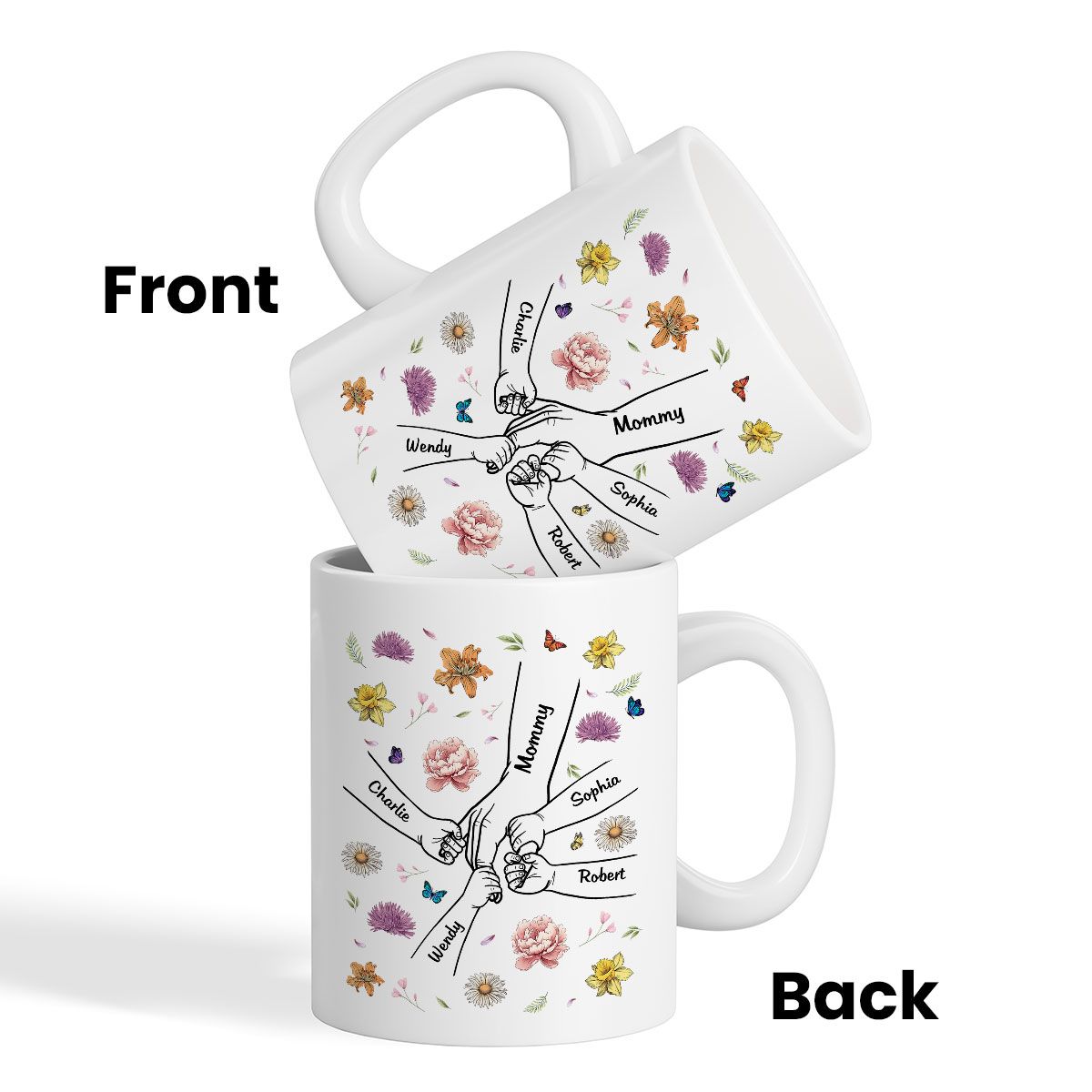 Kids Holding Mom Grandma Hand Birth Month Flowers Background Personalized Mug