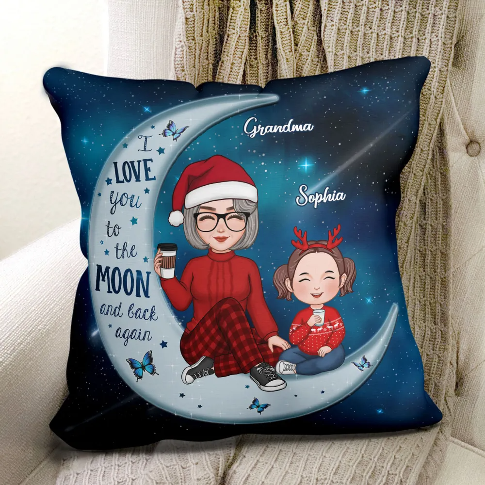 Cute Grandma & Grandkid On Moon Christmas Gift For Grandson Granddaughter Personalized Polyester Linen Pillow