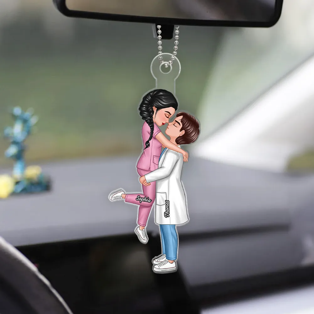 Hero Couple Hugging Kissing Personalized Acrylic Car Hanger Ornament, Anniversary Valentine's Day Gift For Him, For Her, For The Couple