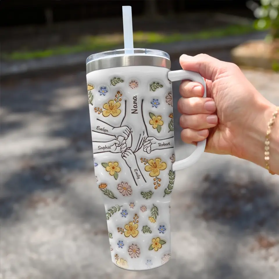 We Are Born Of Love, Love Is Our Mom - Family Personalized Custom 3D Inflated Effect Printed 40 Oz Stainless Steel Tumbler With Handle - Mother's Day, Gift For Mom, Grandma