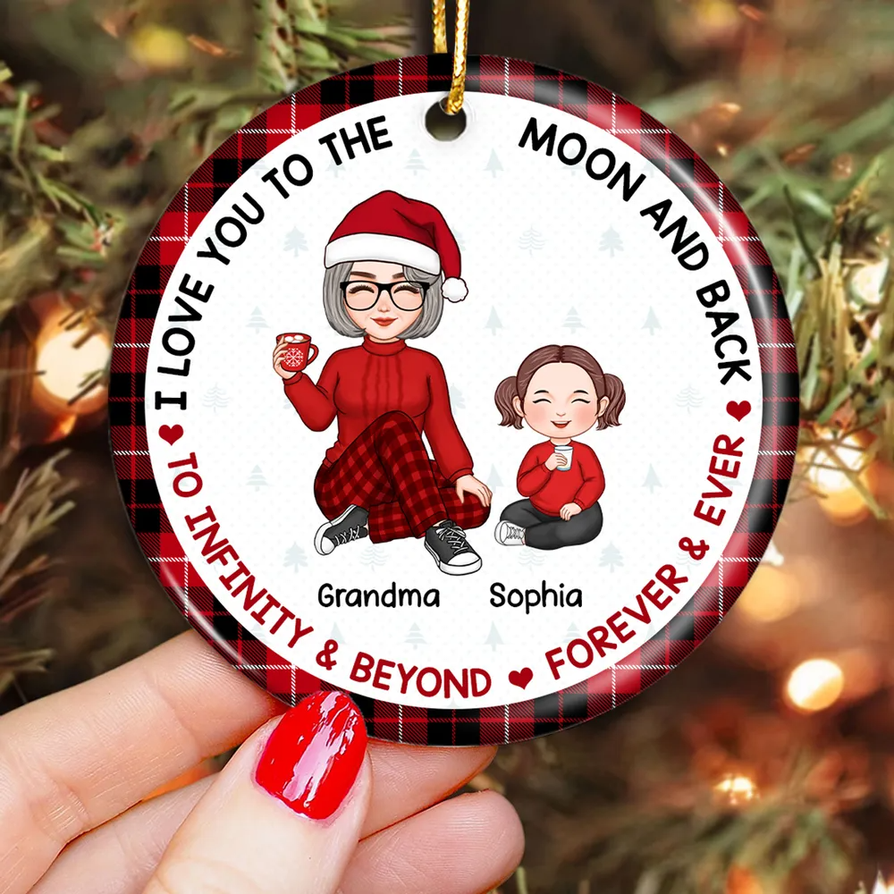 Love To The Moon Plaid Cute Grandma & Grandkid Sitting Personalized Circle Ornament