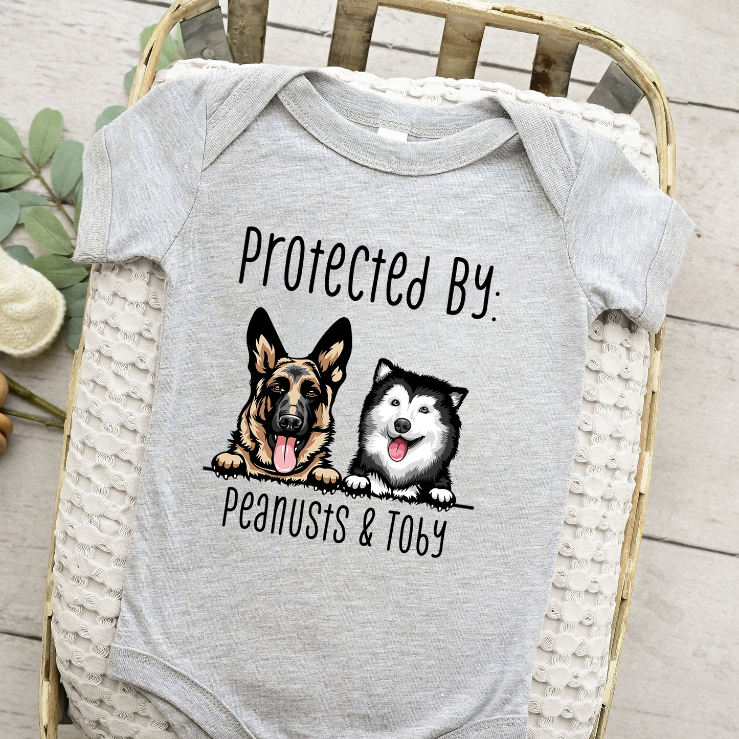 Personalized Baby Gift Baby Shower Gift, Protected by Dogs Onesie