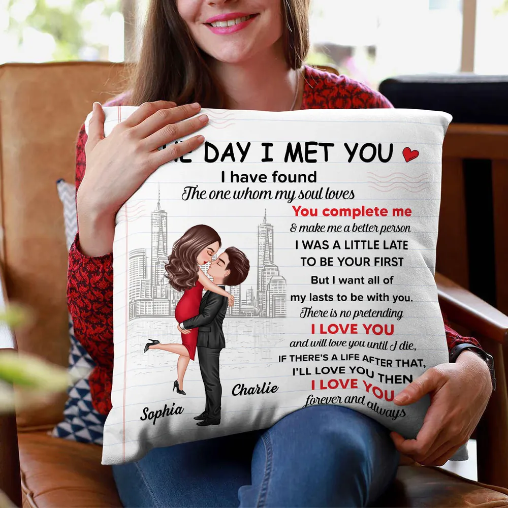 The Day I Met You Couple Skyline Personalized Pillow