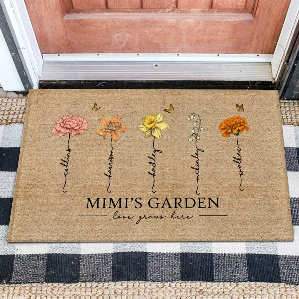 Grandma‘s Garden Love Grows Here Vintage Birth Flowers Swirl Name Personalized Doormat, Mother's Day Gift, Gift For Her, Mom, Grandma