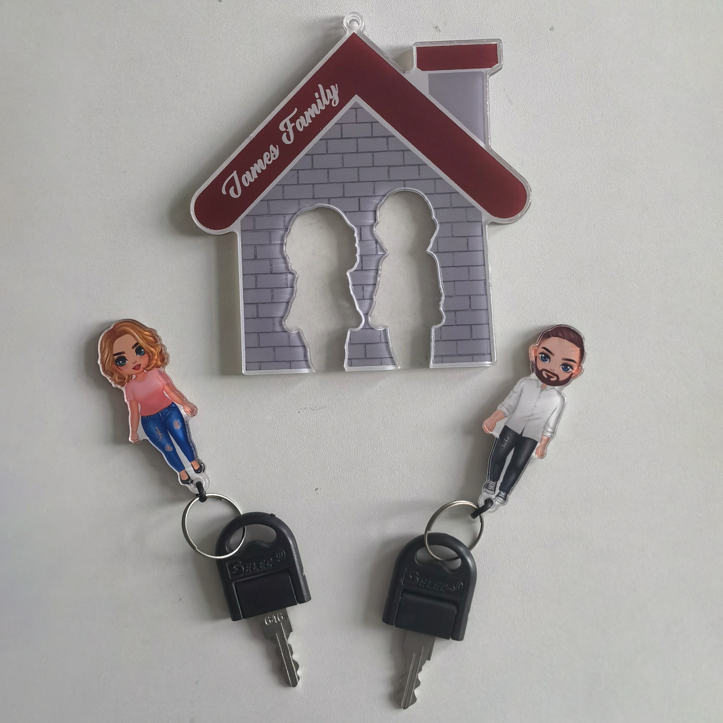 Doll Couple and House Personalized Acrylic Key Holder Hooks Gift For Her Gift For Him