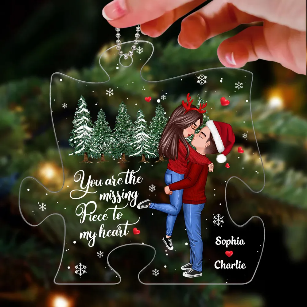 The Missing Piece To My Heart Christmas Winter Doll Couple Hugging Kissing Personalized Acrylic Ornament