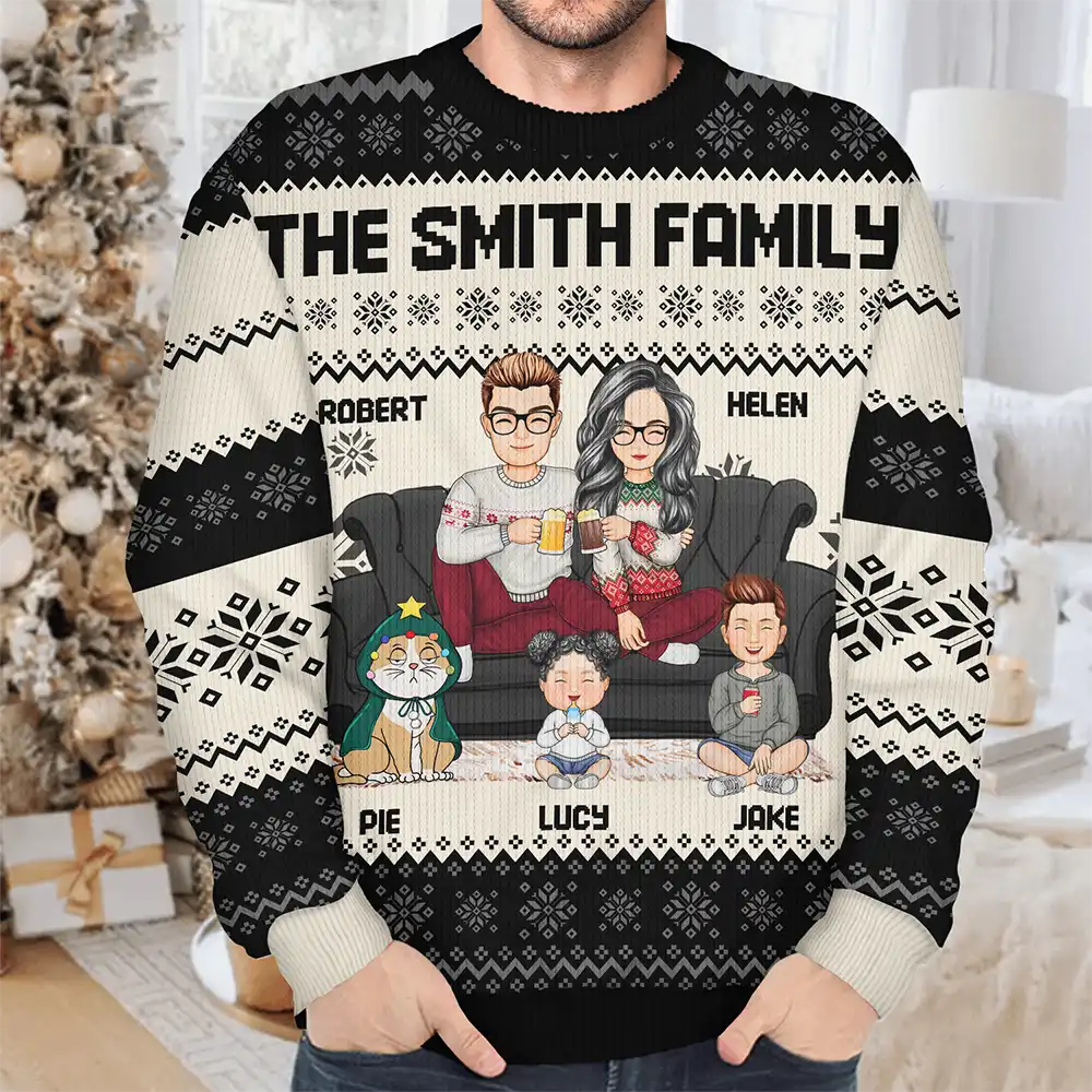 Cartoon Couple With Kids And Pets - Personalized Unisex Ugly Sweater