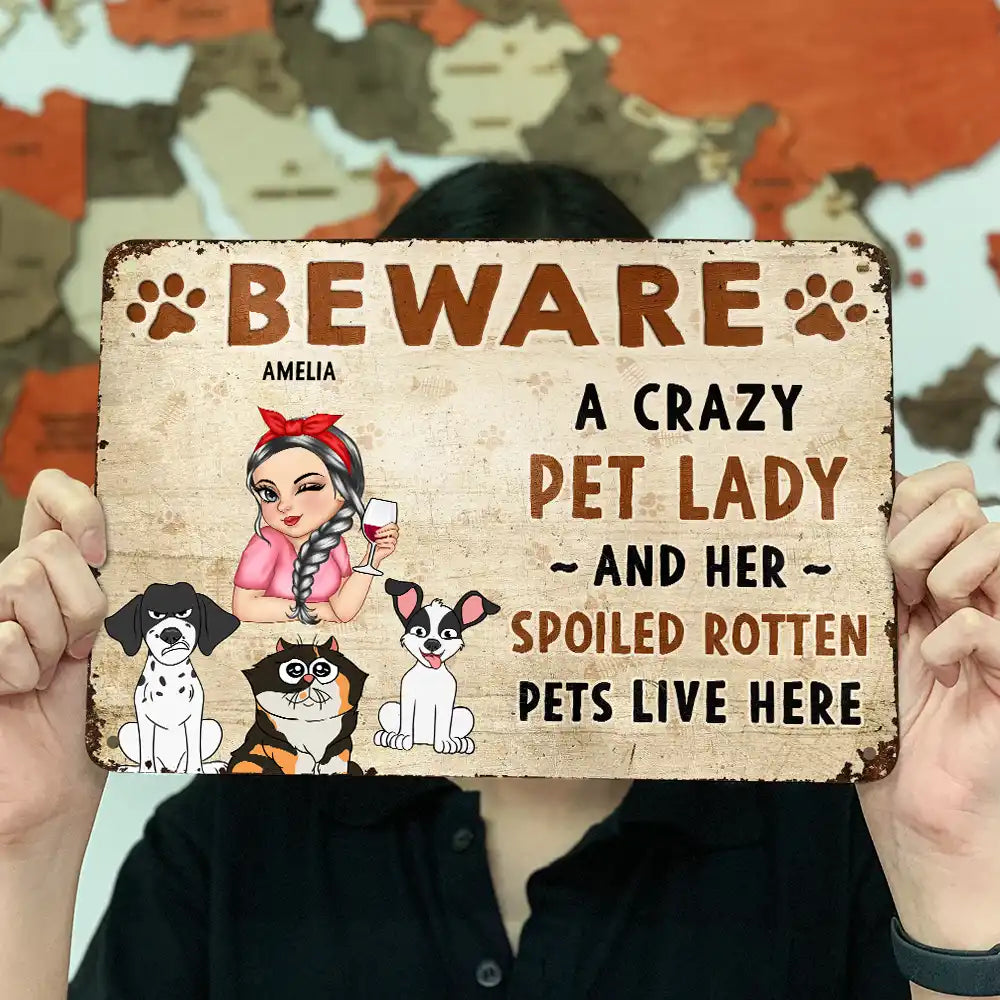 Beware A Crazy Dog & Cat Lady - Personalized Classic Metal Signs