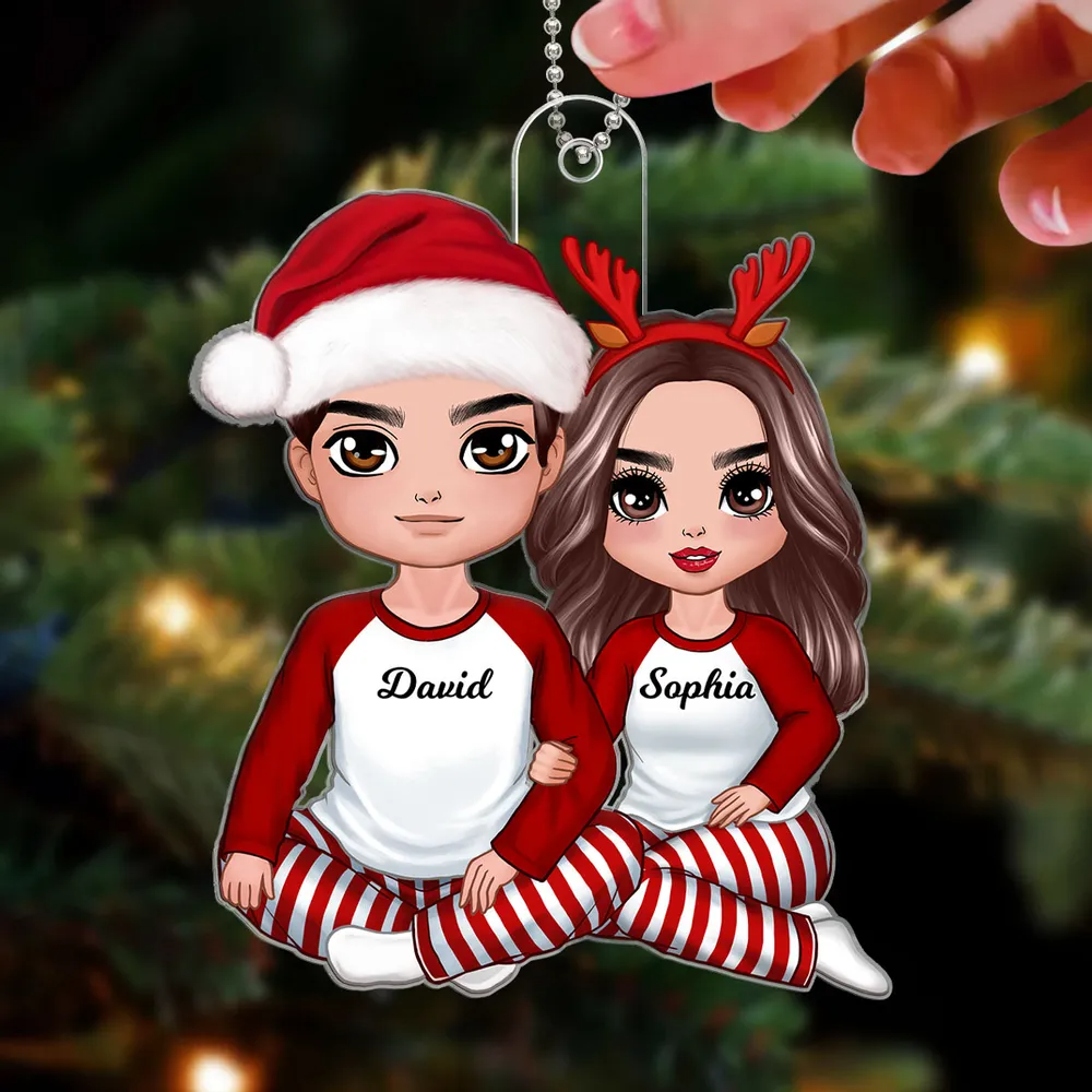 Christmas Doll Couple Sitting Hugging Personalized Acrylic Ornament