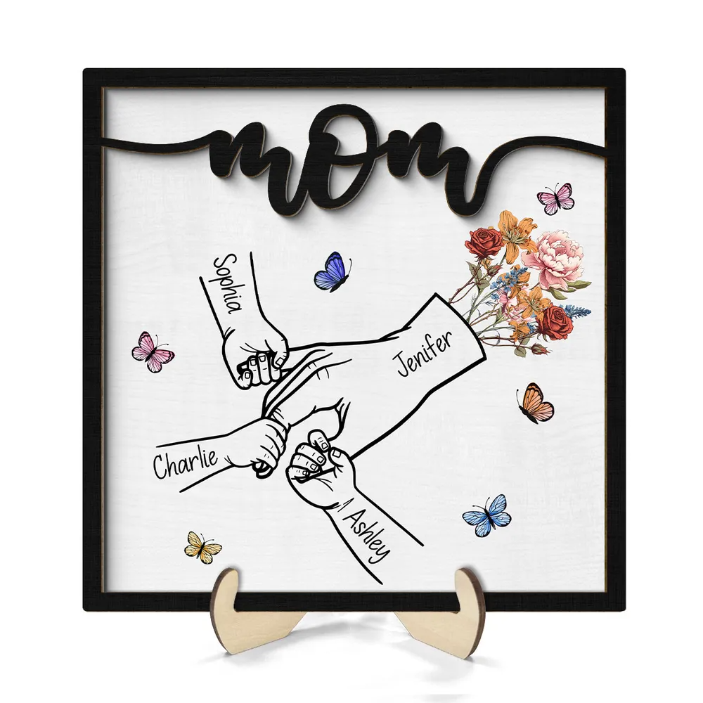 Kids Holding Mom‘s Hand Vintage Birth Month Flowers Personalized 2-Layer Wooden Plaque, Mother's Day Gift For Mom