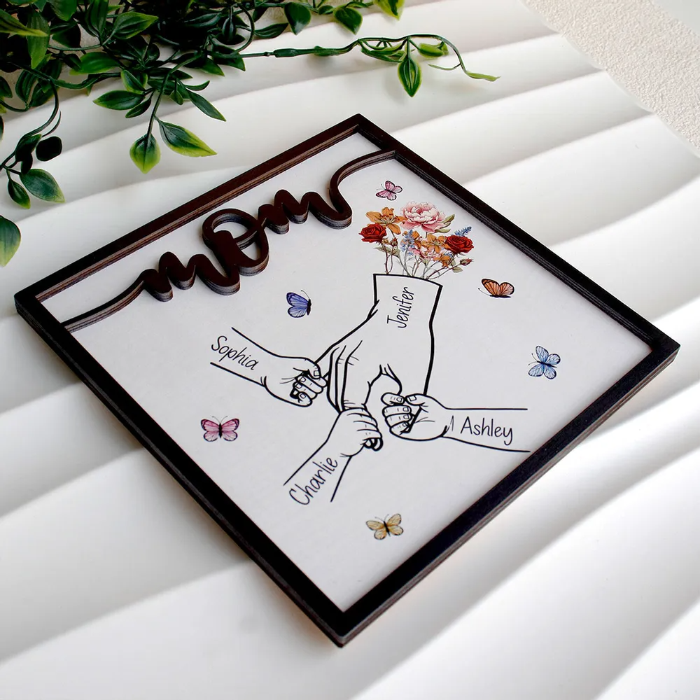 Kids Holding Mom‘s Hand Vintage Birth Month Flowers Personalized 2-Layer Wooden Plaque, Mother's Day Gift For Mom