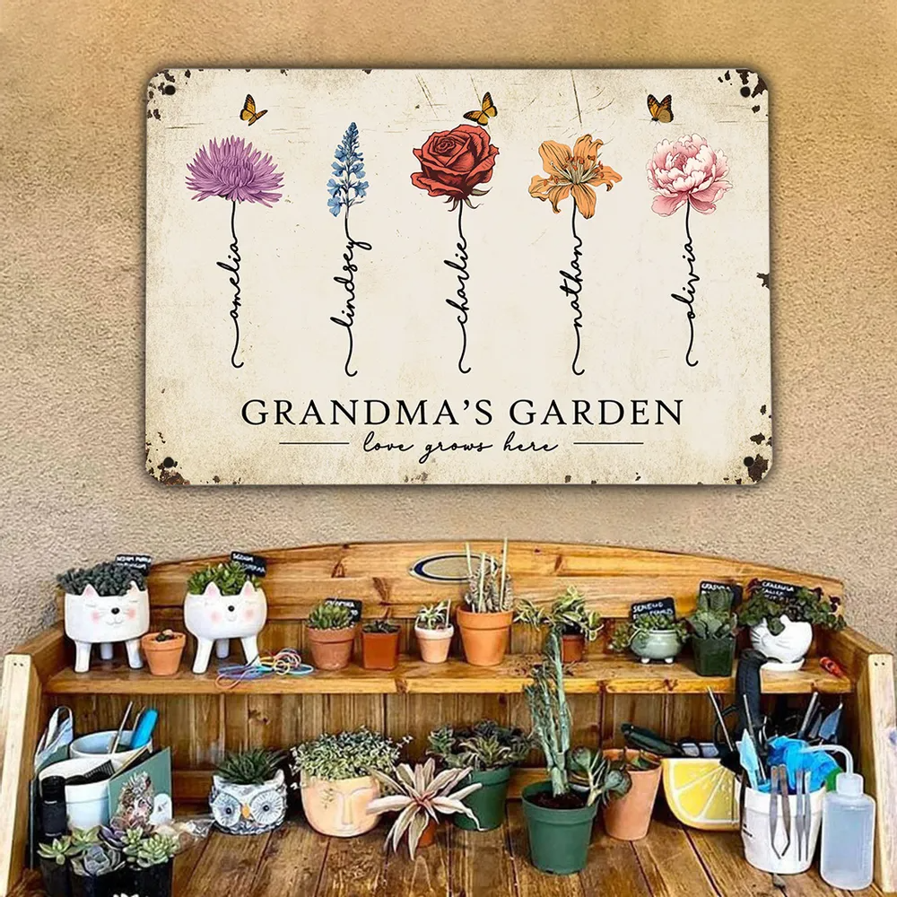 Grandma's Garden Love Grows Here Beautiful Birth Month Flower Gift For Grandma Mom Personalized Metal Sign