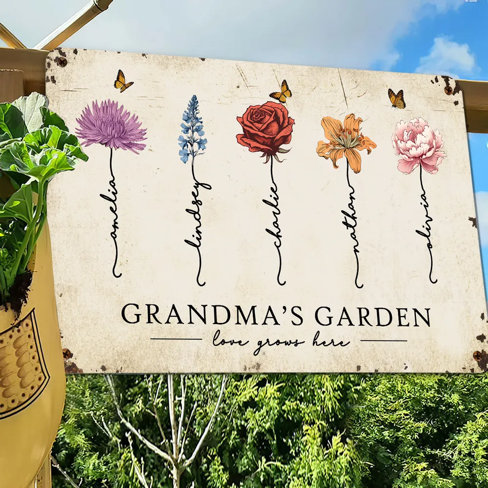 Grandma's Garden Love Grows Here Beautiful Birth Month Flower Gift For Grandma Mom Personalized Metal Sign