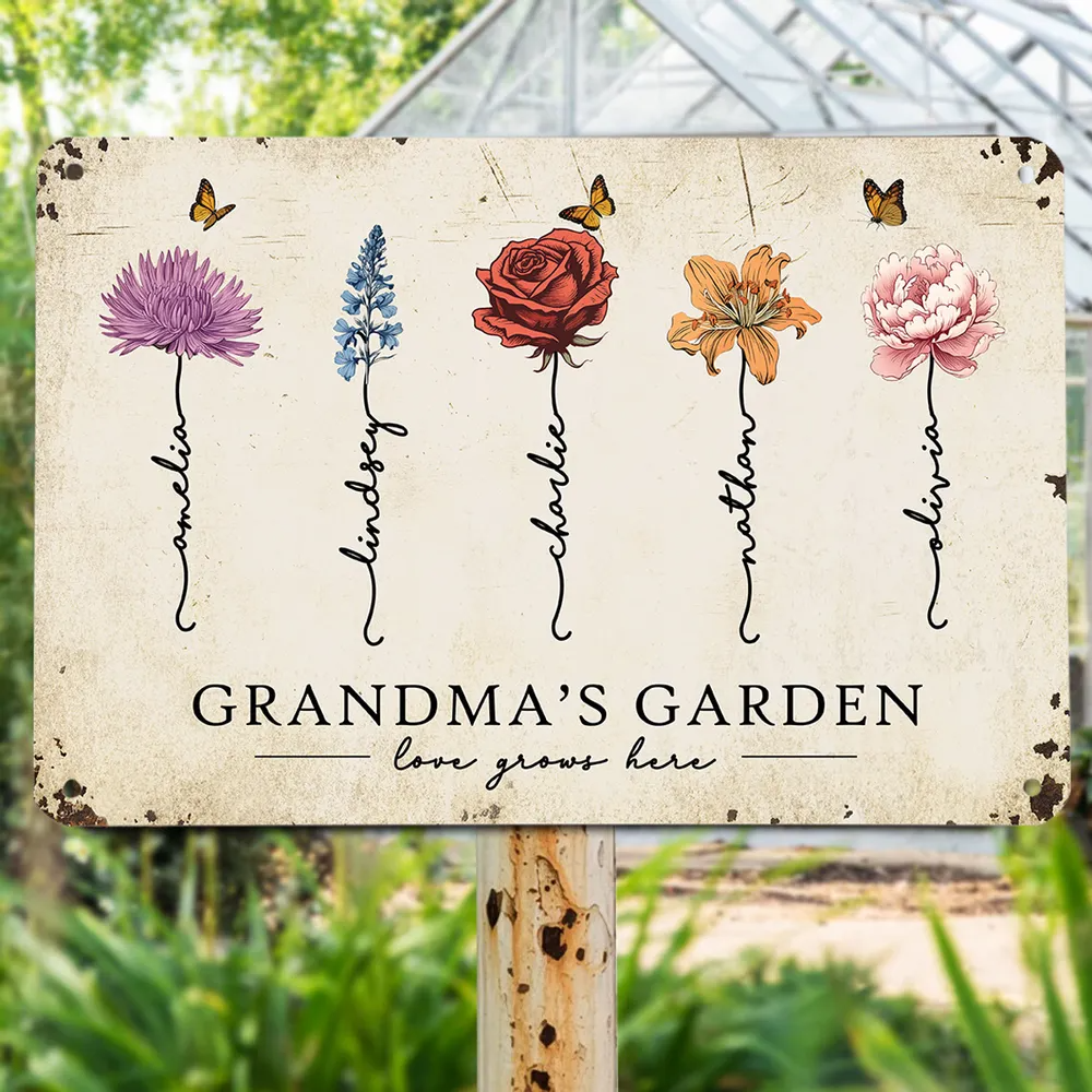 Grandma's Garden Love Grows Here Beautiful Birth Month Flower Gift For Grandma Mom Personalized Metal Sign