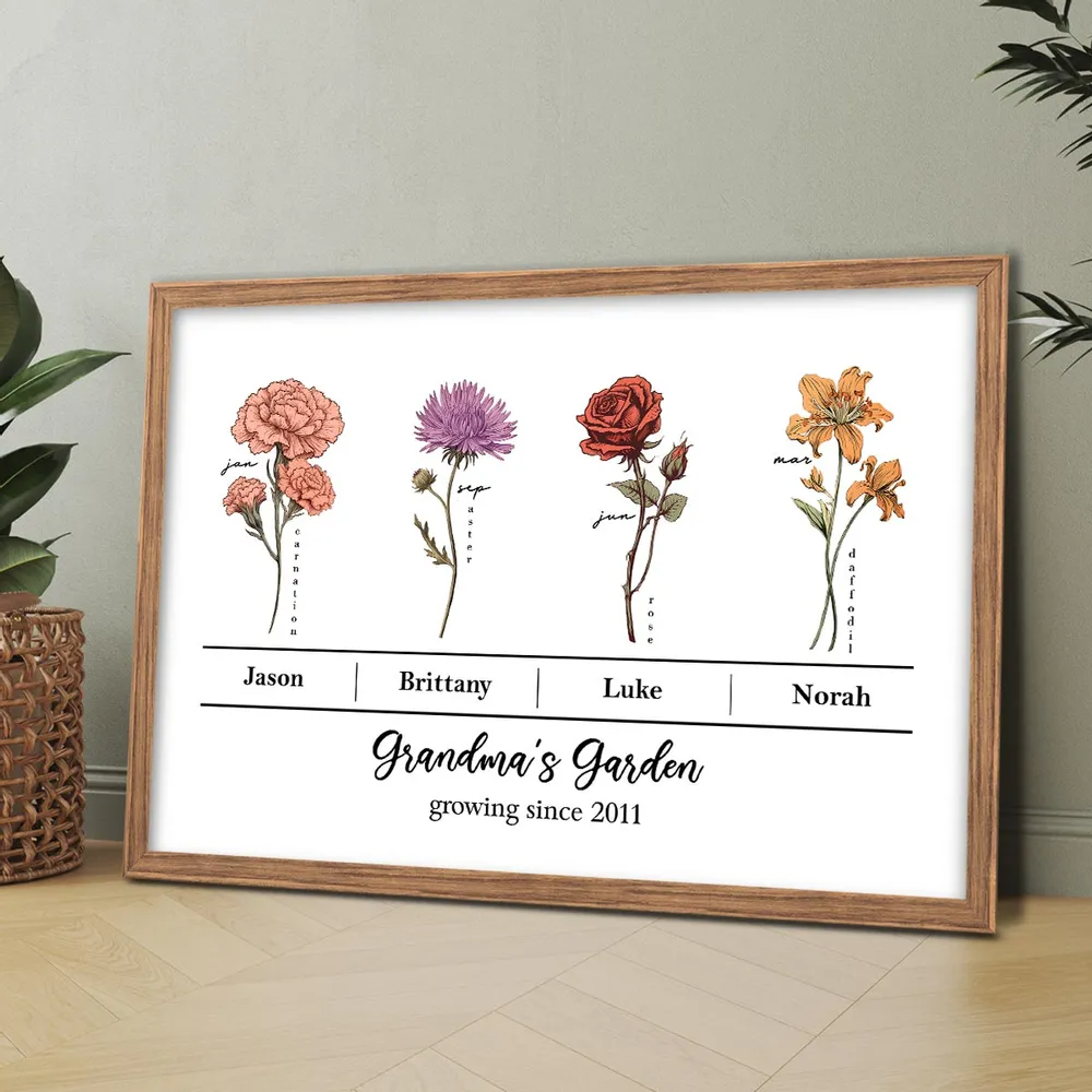 Vintage Birth Month Flowers Grandma‘s Garden With Kids Names Flowers Names Personalized Horizontal Poster