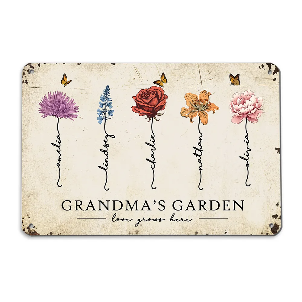 Grandma's Garden Love Grows Here Beautiful Birth Month Flower Gift For Grandma Mom Personalized Metal Sign