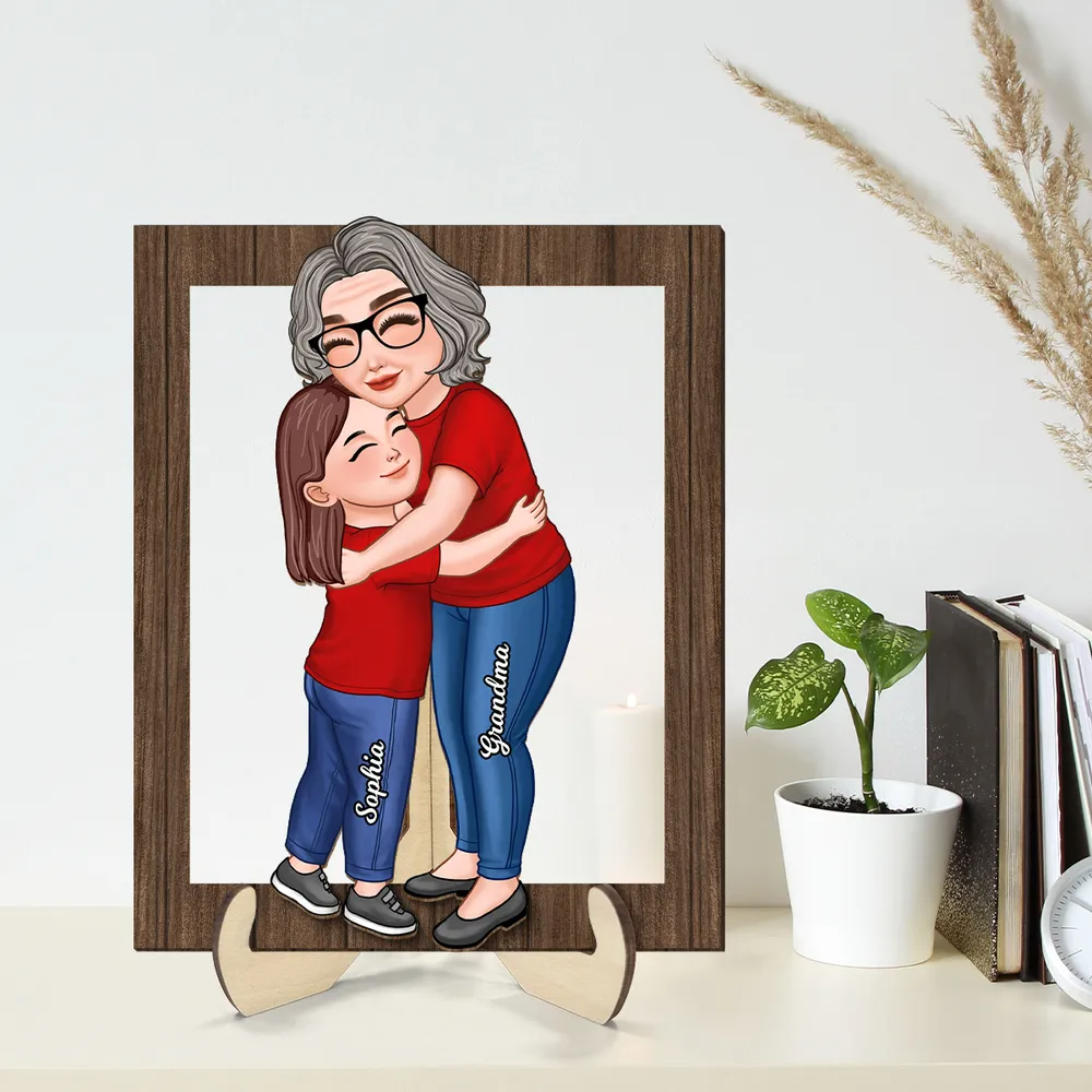 Grandma Grandkid Hugging Frame Personalized Wooden Plaque, Gift For Grandma