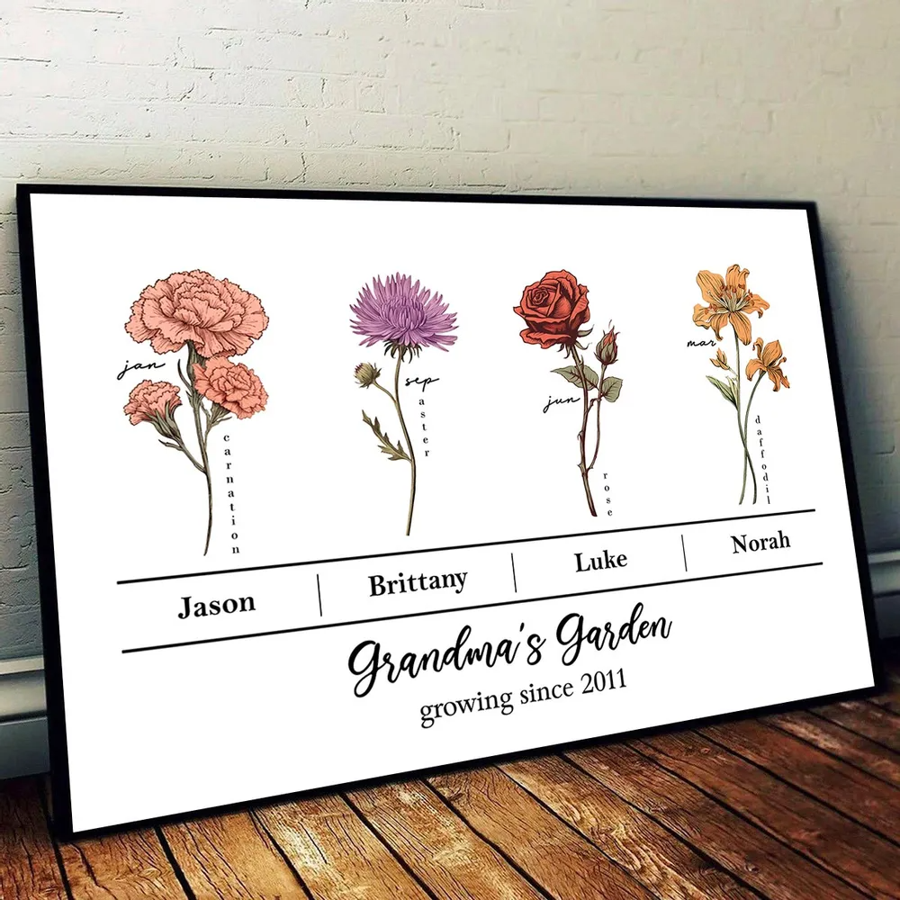 Vintage Birth Month Flowers Grandma‘s Garden With Kids Names Flowers Names Personalized Horizontal Poster