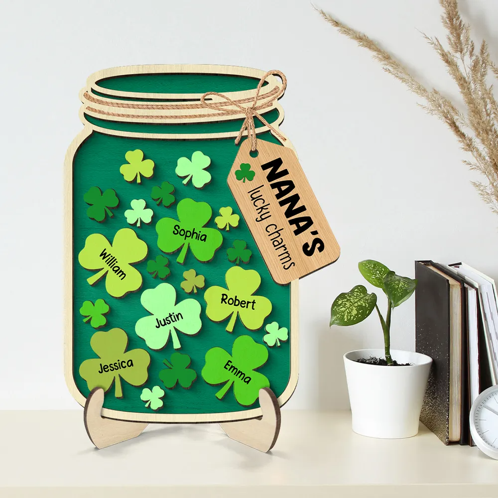 Grandma Mom Lucky Charm Jar St. Patrick's Day Personalized 2-layer Wooden Plaque