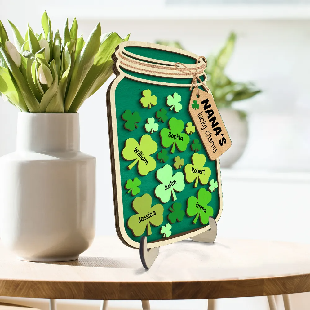 Grandma Mom Lucky Charm Jar St. Patrick's Day Personalized 2-layer Wooden Plaque