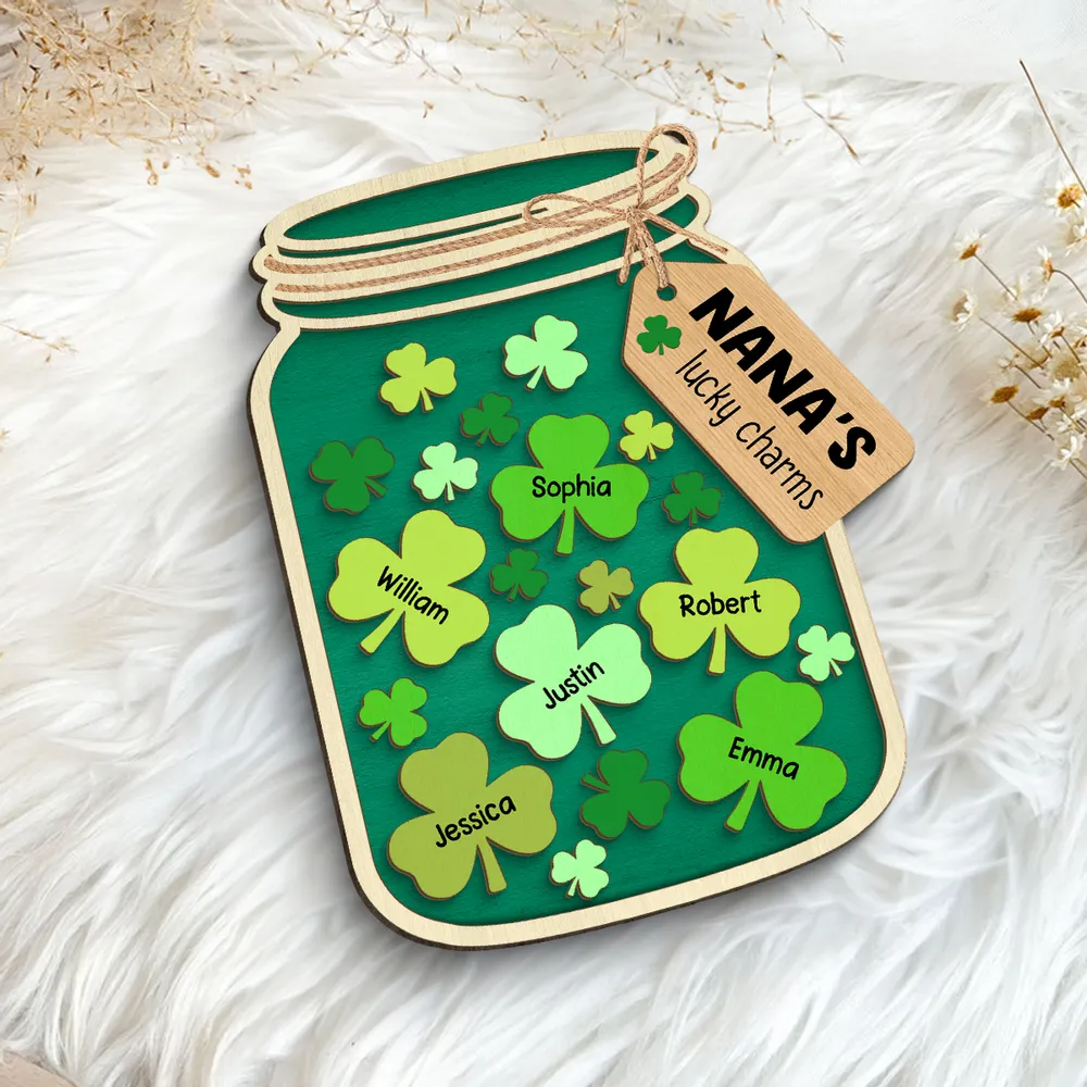 Grandma Mom Lucky Charm Jar St. Patrick's Day Personalized 2-layer Wooden Plaque