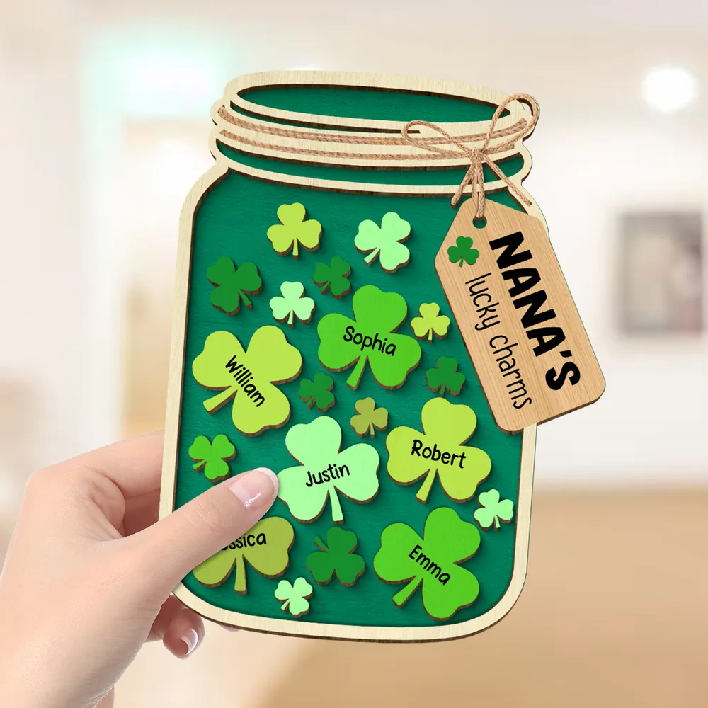 Grandma Mom Lucky Charm Jar St. Patrick's Day Personalized 2-layer Wooden Plaque