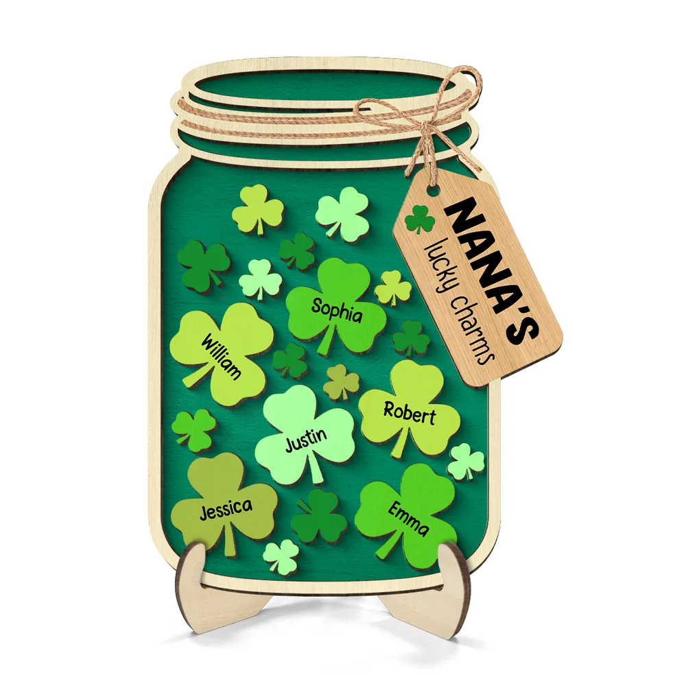 Grandma Mom Lucky Charm Jar St. Patrick's Day Personalized 2-layer Wooden Plaque