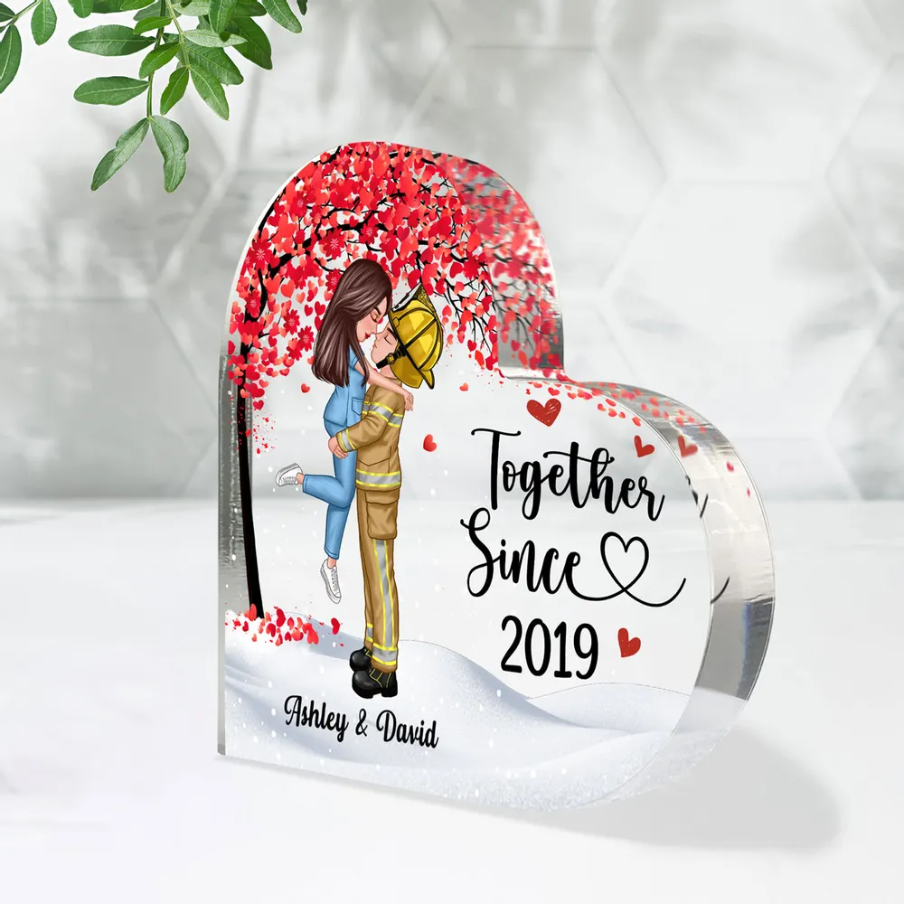 Couple Under Tree Valentine‘s Day Gifts by Occupation Gift For Her Gift For Him Firefighter, Nurse, Police Officer Personalized Heart Acrylic Block Plaque