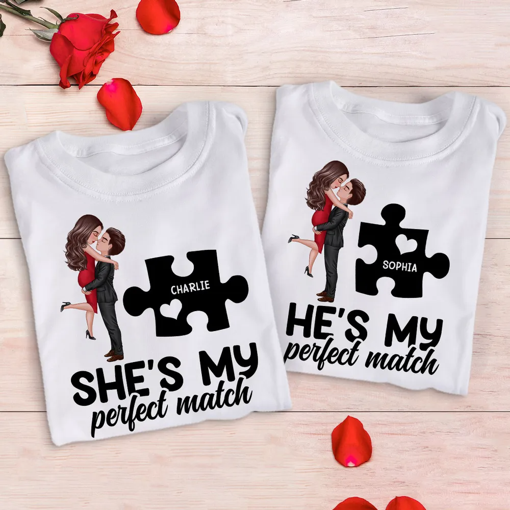 Couple Perfect Match Puzzle Couple Hugging Kissing Valentine‘s Day Personalized Matching Shirts