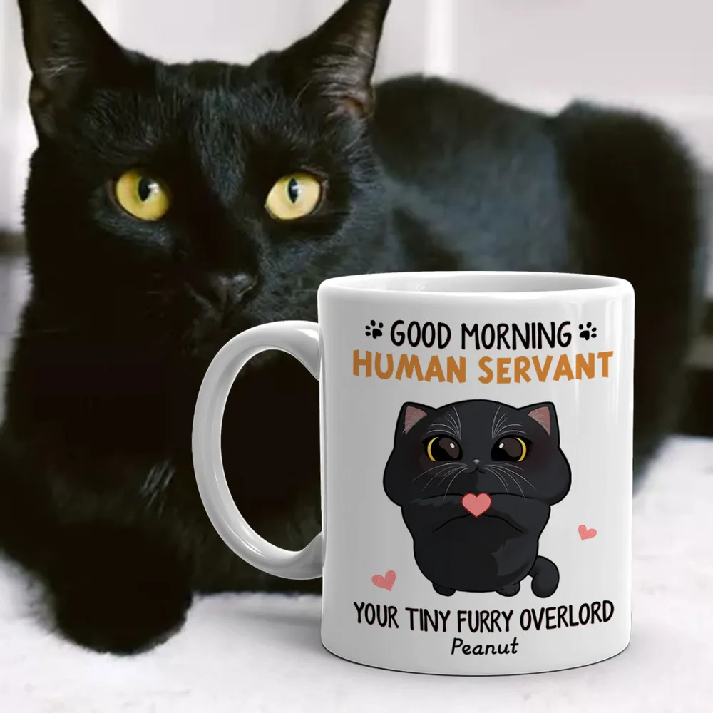 Good Morning Human Servant Cute Cartoon Cat Looking Up Personalized Mug