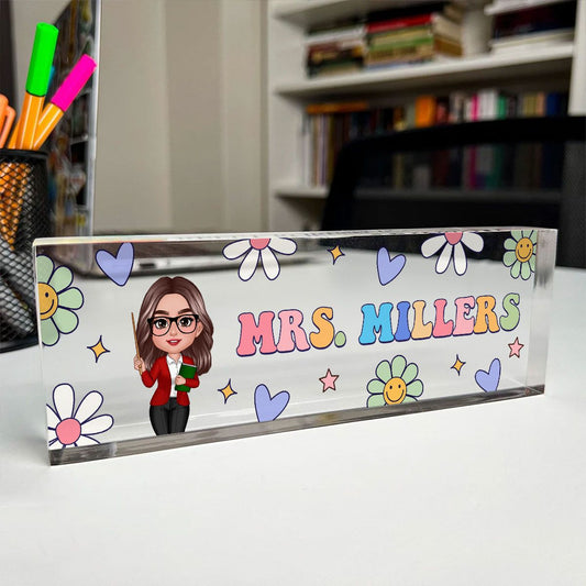 Groovy Retro Teacher Name Sign, Back To School Teacher Gifts Personalized Teacher Acrylic Desk Name Plate