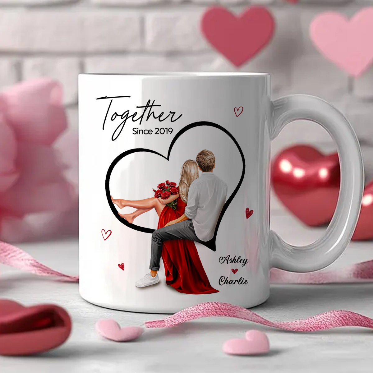 Couple Sitting On Heart Personalized Mug, Valentine's Day Gift, Anniversary Gift for Couples