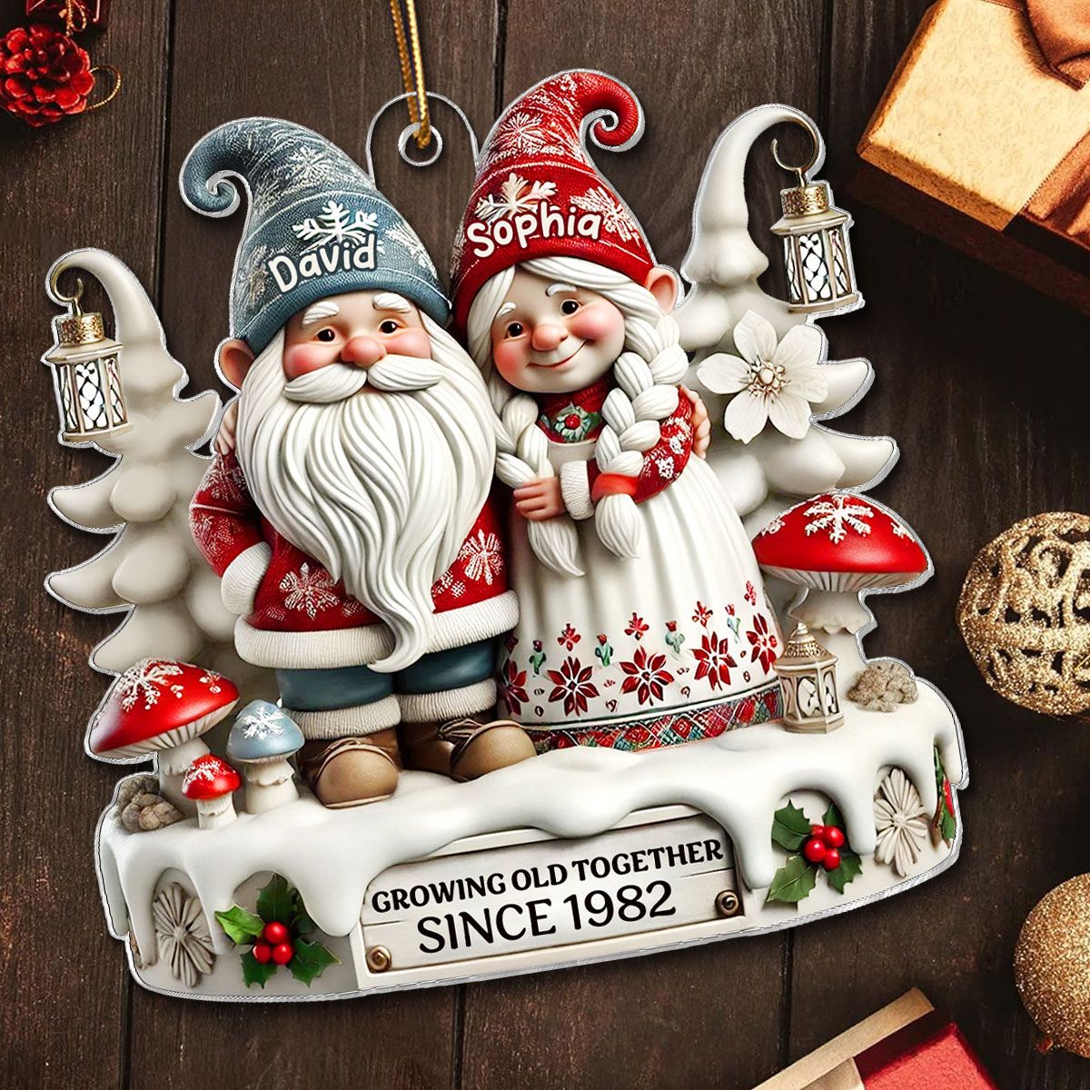 3D Effect Gnome Couple Together Christmas Personalized Flat Acrylic Ornament, Christmas Gift For Him, For Her, Husband, Wife