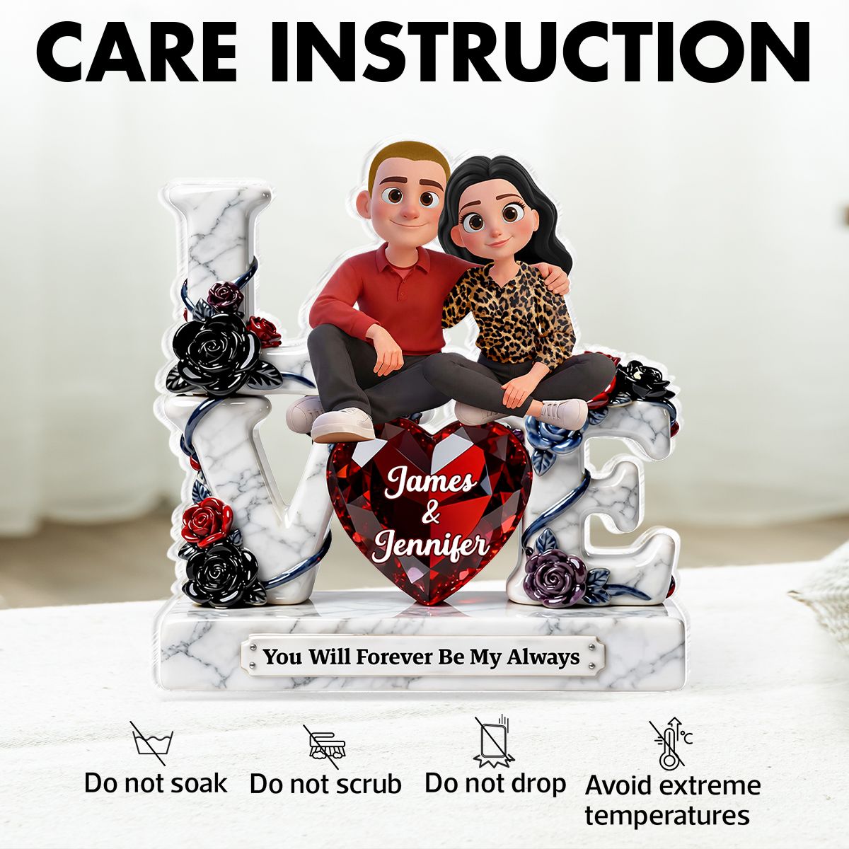 Couple Sitting on Love Marble Pattern - Personalized Acrylic Block Plaque - Heartfelt Valentine's Day Gift for Her, for Him