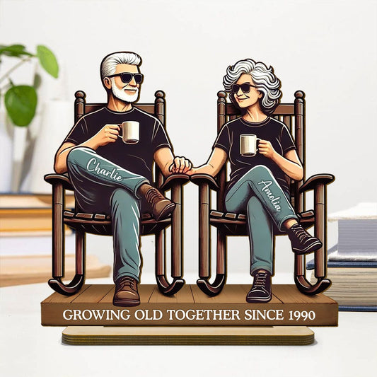 Old Couple Sitting On Front Porch Personalized Standing Wooden Plaque