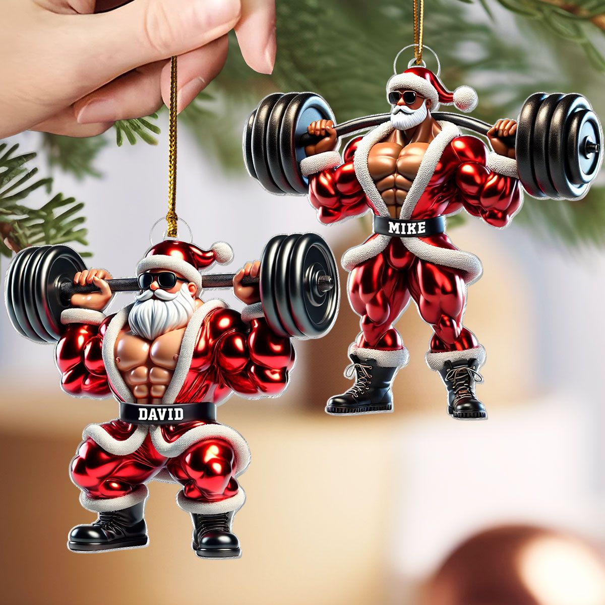 Santa Claus Weightlifting Christmas Personalized Acrylic Ornament, Gym, Bodybuilding, Fitness Christmas Gift