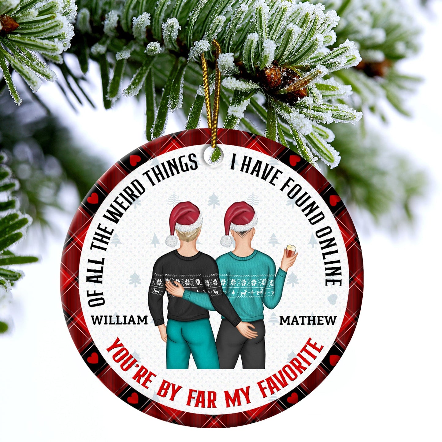 Christmas Couple Back Side - You Are My Favorite By Far - Personalized Circle Ceramic Ornament